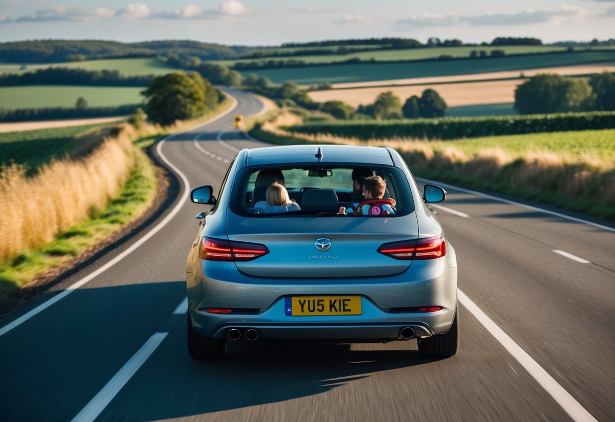 A family car driving on a winding road through a scenic countryside, with kids playing scavenger hunts in the backseat