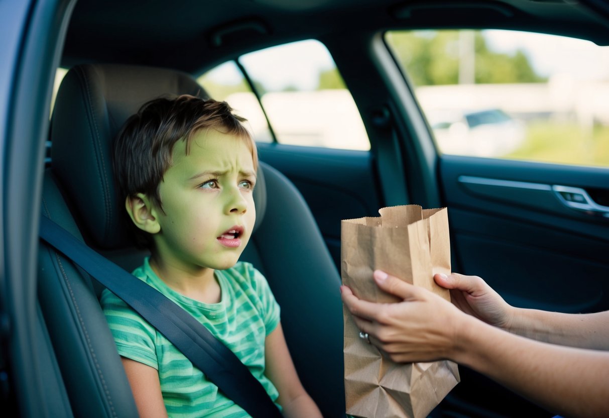 A child in a car, looking queasy with a green tint to their skin, while a parent hands them a paper bag