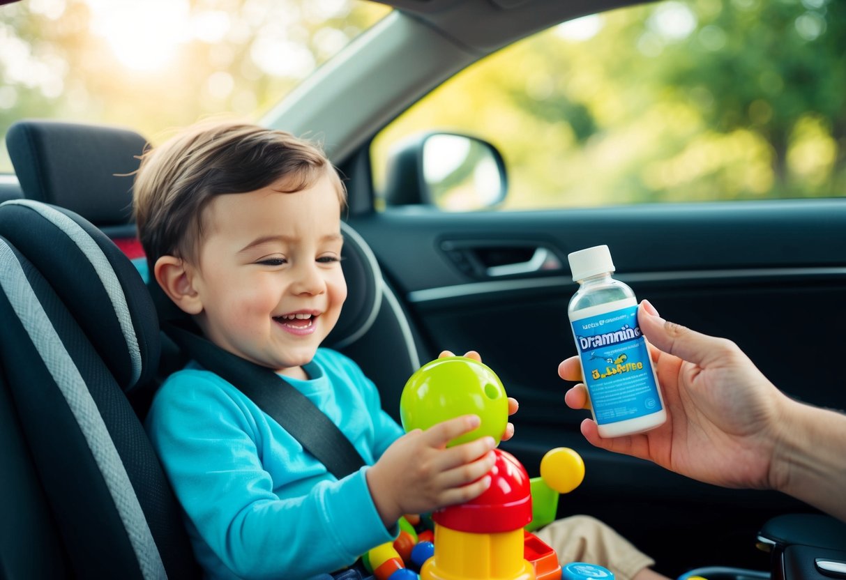 A child happily playing with toys in a car, while a parent hands them a bottle of Dramamine for Kids