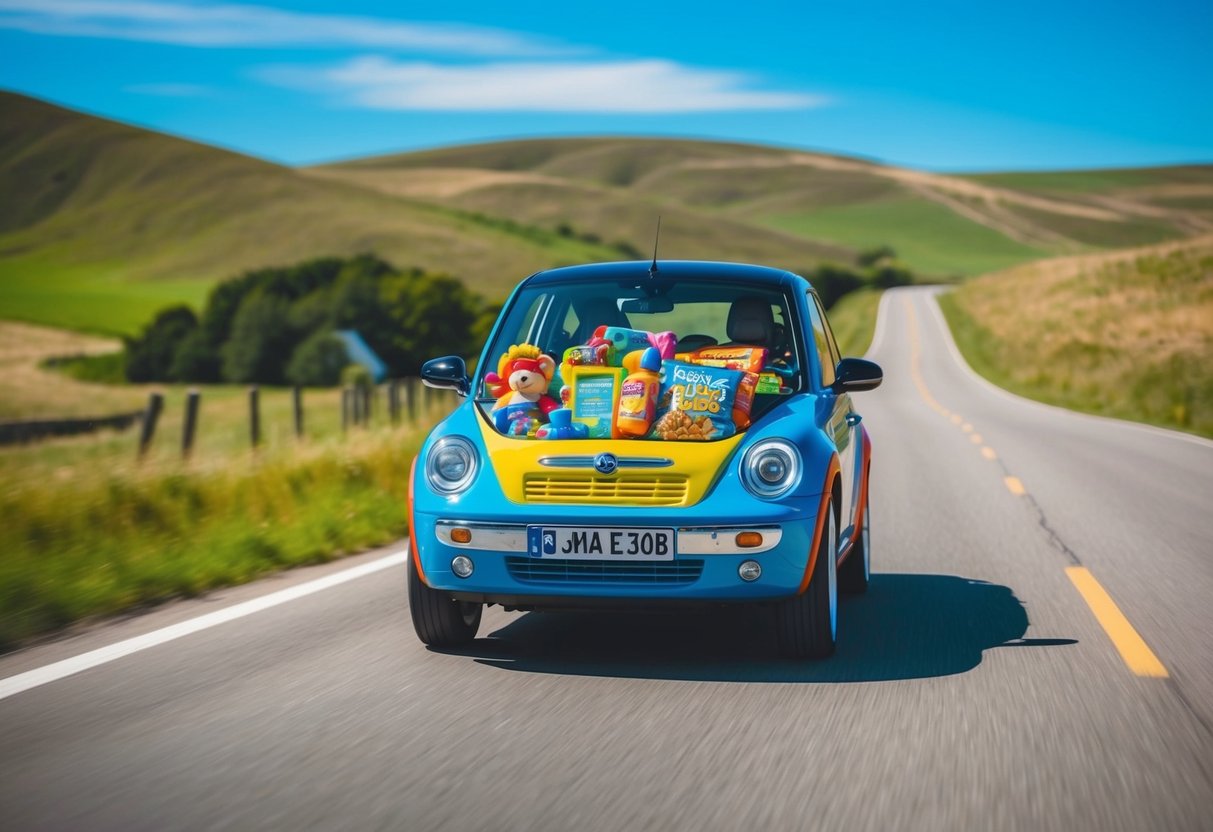 A colorful car filled with toys, snacks, and audio books drives through a scenic landscape with rolling hills and a bright blue sky