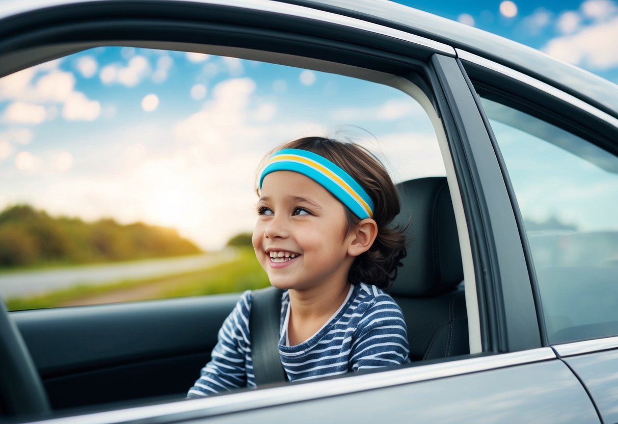 A child wearing Sea-Band wristbands sits in a car, looking out the window with a smile as the car moves smoothly along a scenic road