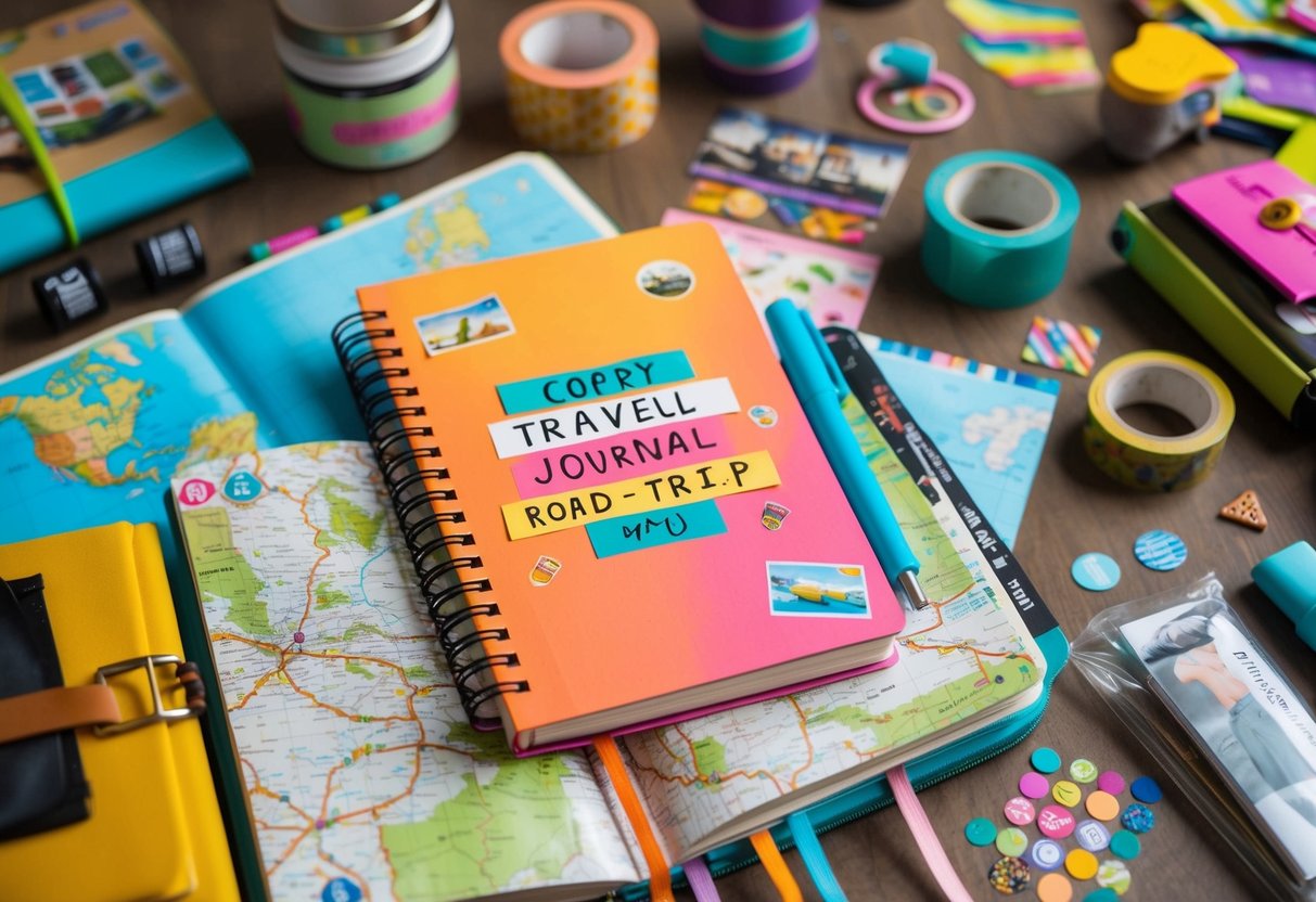 A colorful travel journal surrounded by art supplies, maps, and souvenirs from a road trip, with stickers, washi tape, and drawings decorating the pages