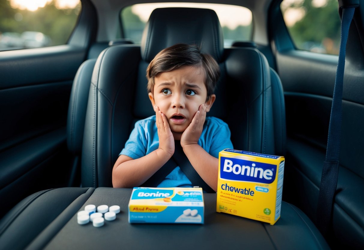 A child sitting in a car, looking queasy, with a box of Bonine Chewable Tablets and other remedies nearby