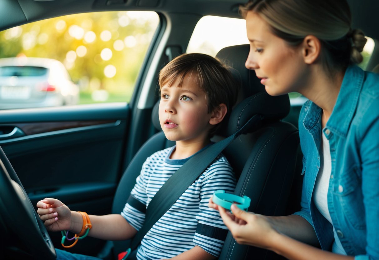 A child sitting in a car, looking queasy, with a parent offering Psi Bands and other remedies for car sickness