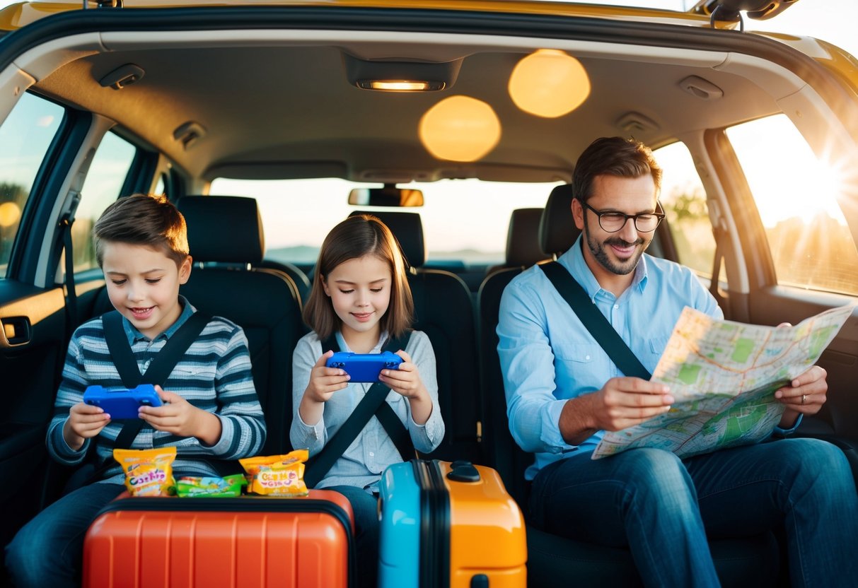 A family sits in a compact car, surrounded by suitcases and snacks. Two kids play handheld games, while a parent reads a map. The sun shines through the window, casting a warm glow