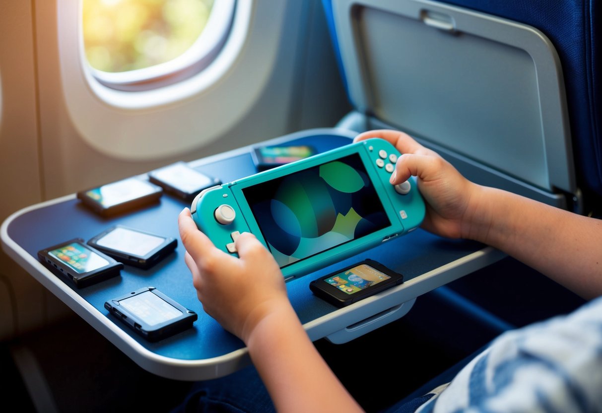 A child's hands holding a Nintendo Switch Lite with 7 game cartridges scattered around on a tray table in an airplane seat