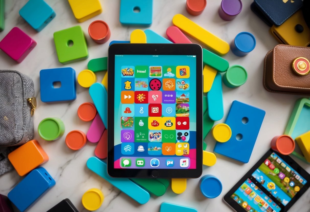 An iPad Mini 7 surrounded by colorful, child-friendly games, with a travel-friendly background