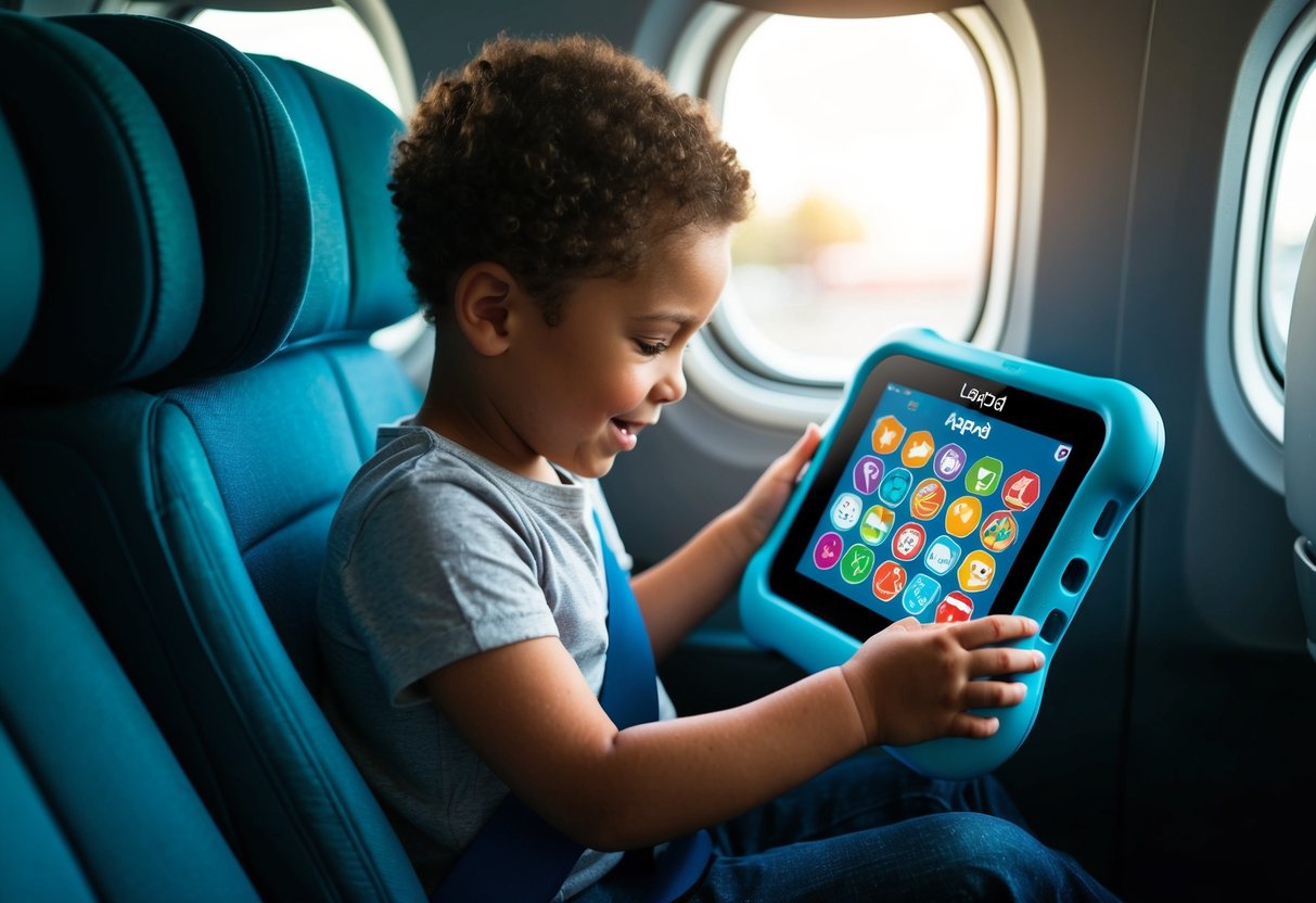 A child playing with a LeapFrog LeapPad Academy 7 while traveling in a car or airplane