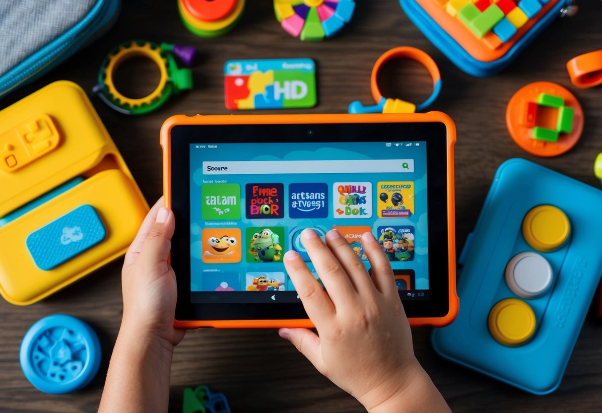 A child's hand holding an Amazon Fire HD Kids Edition tablet, surrounded by colorful portable games and travel essentials