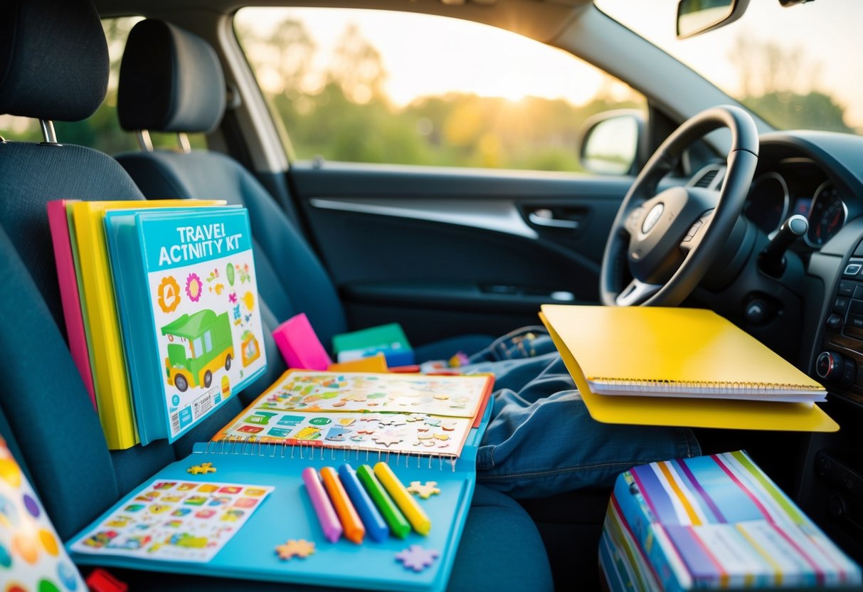 A colorful travel activity kit with stickers, coloring books, puzzles, and a small notebook sits open on a child's lap inside a car