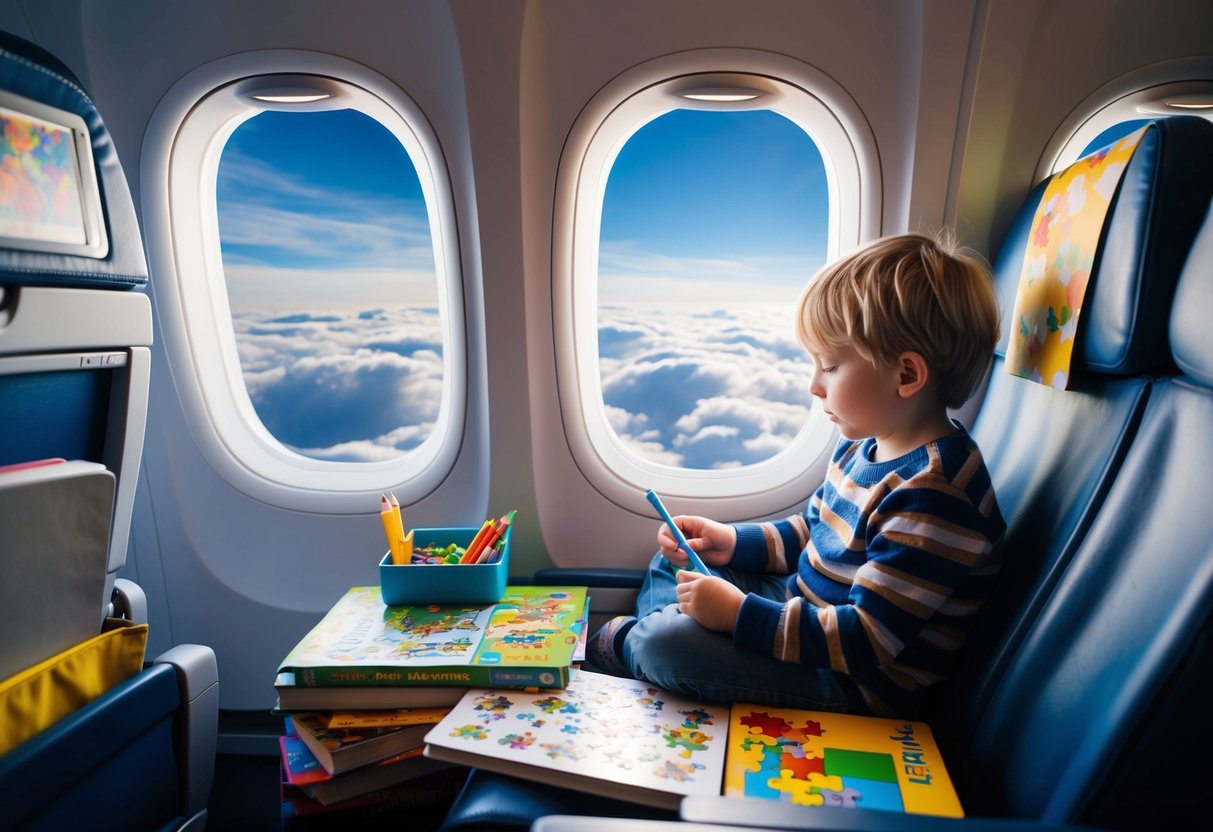 A child sits on a plane, surrounded by books, puzzles, and coloring supplies. Outside the window, clouds and sky stretch into the distance