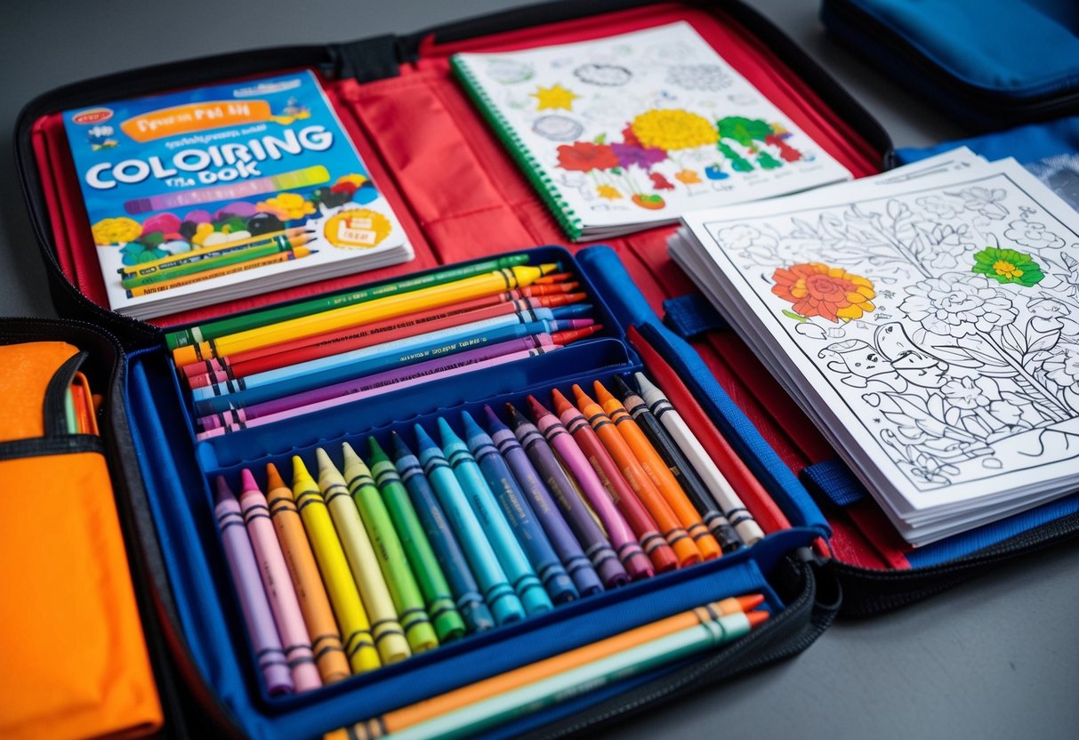 A variety of coloring books and crayons arranged neatly in a travel activity kit, with a few pages already colored in