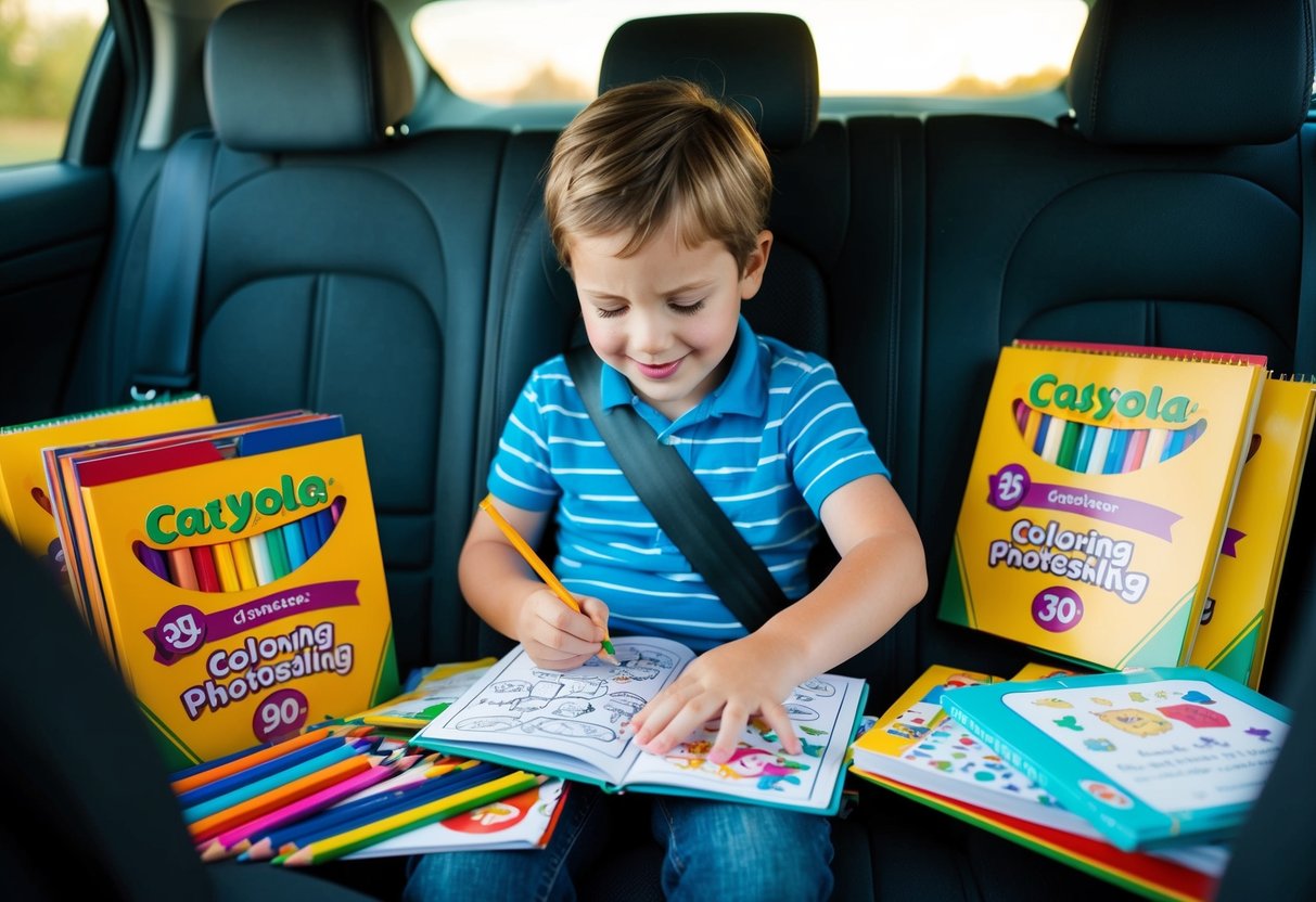 A child sitting in a car, surrounded by coloring books and pencils, happily coloring in the backseat while traveling