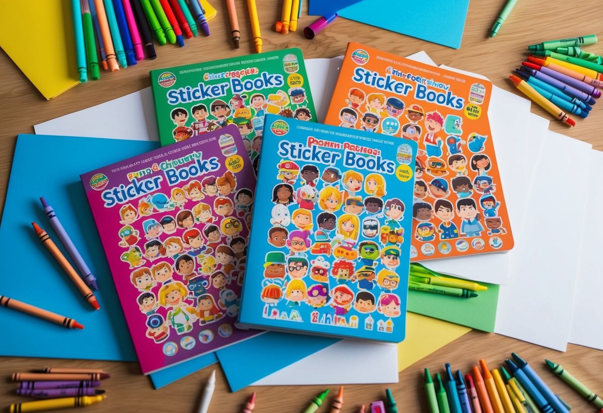 Sticker books featuring beloved characters spread out on a table, surrounded by colorful markers, crayons, and blank paper