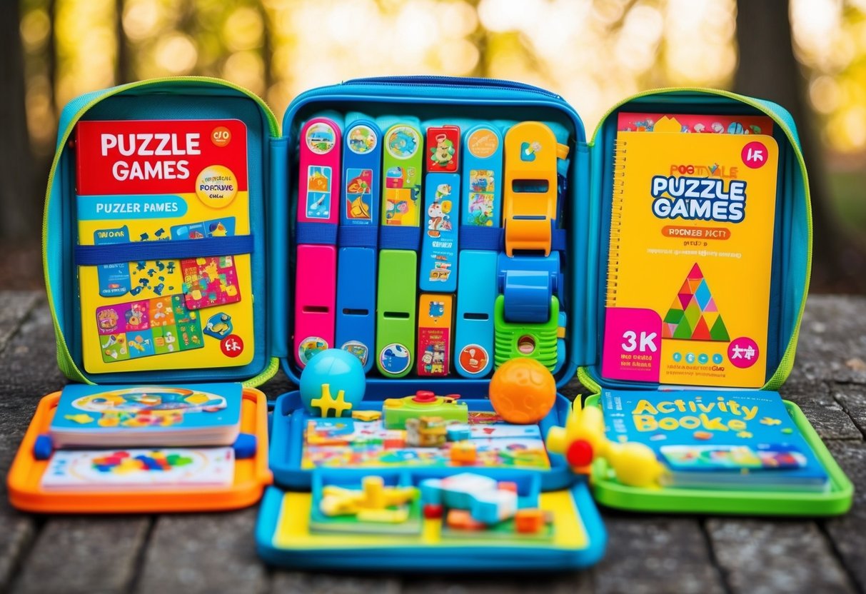 A colorful assortment of portable puzzle games, activity books, and small toys arranged neatly in a compact travel kit