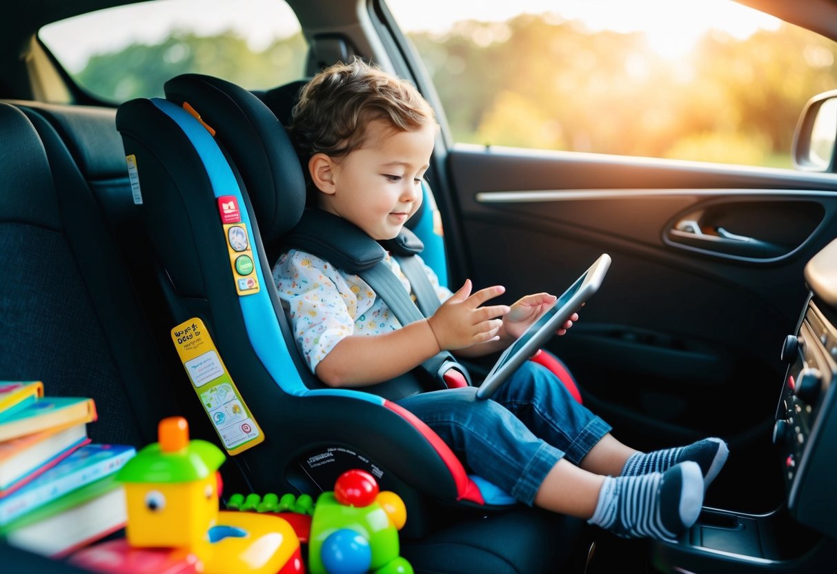 A child sitting in a car seat, surrounded by colorful toys and books, listening to an audio storybook on a tablet while traveling