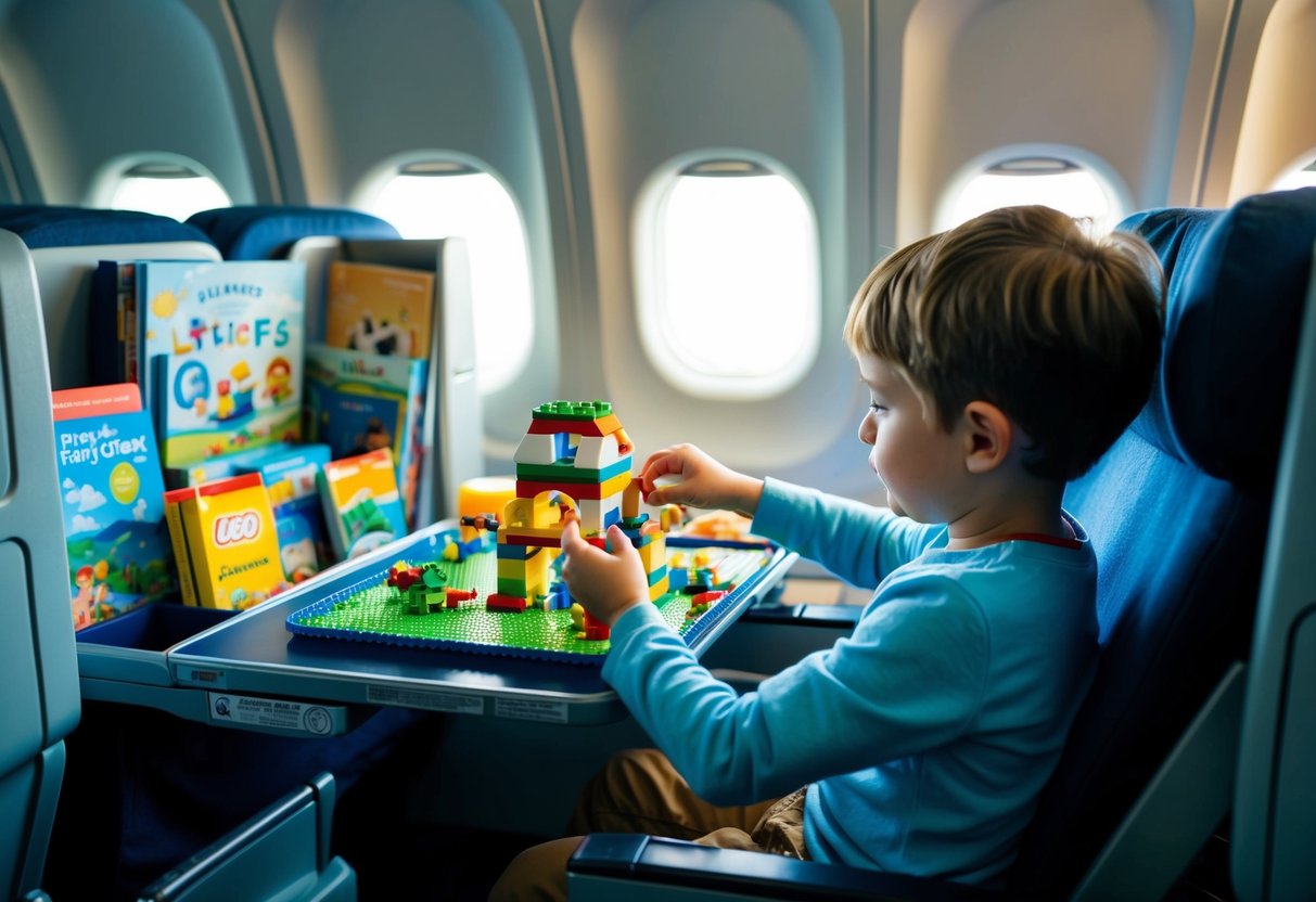 A child sits at a tray table in an airplane, building a Lego travel set while surrounded by books, games, and snacks