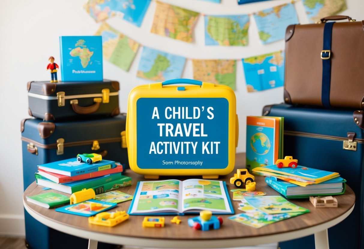 A child's travel activity kit with books, maps, and toys spread out on a table, surrounded by suitcases and travel-themed decorations