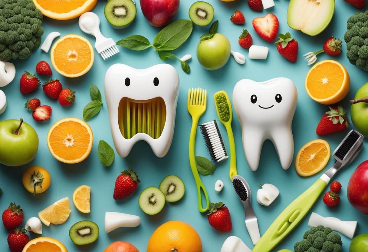 A smiling tooth surrounded by toothbrushes, floss, and healthy foods like fruits and vegetables