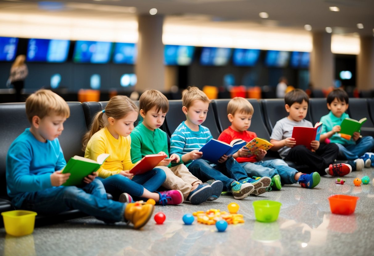 A group of kids playing games and reading books while waiting in an airport lounge with colorful toys and snacks scattered around