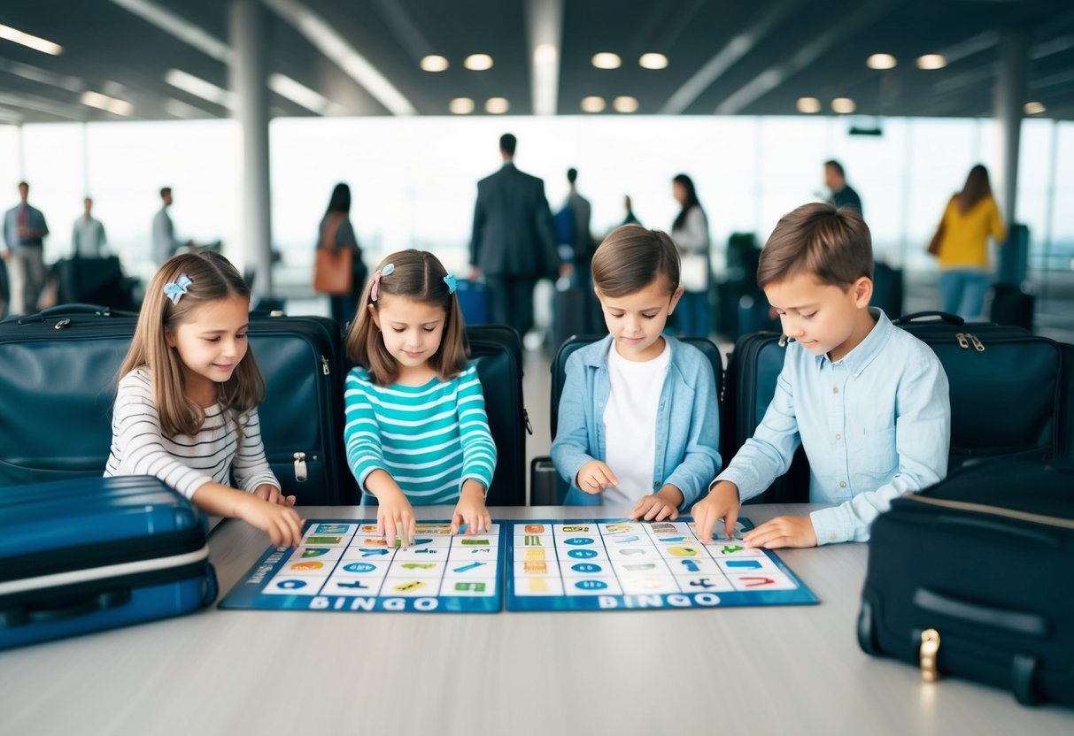 A family of four plays Travel Bingo at an airport gate, surrounded by luggage and travel essentials. The children eagerly mark off items on their game boards as they wait for their delayed flight