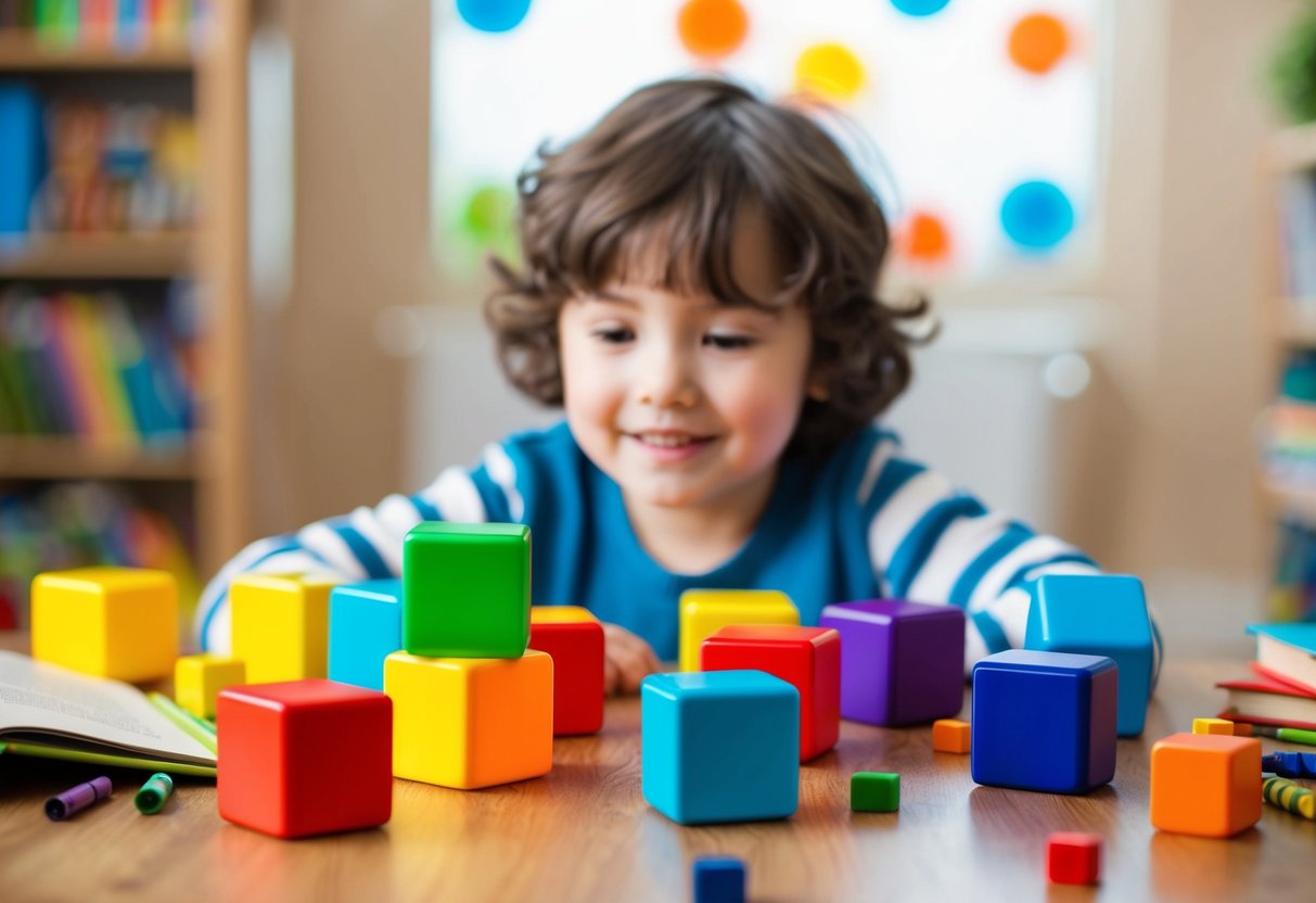 A child surrounded by colorful story cubes, scattered on a table, with a book and crayons nearby