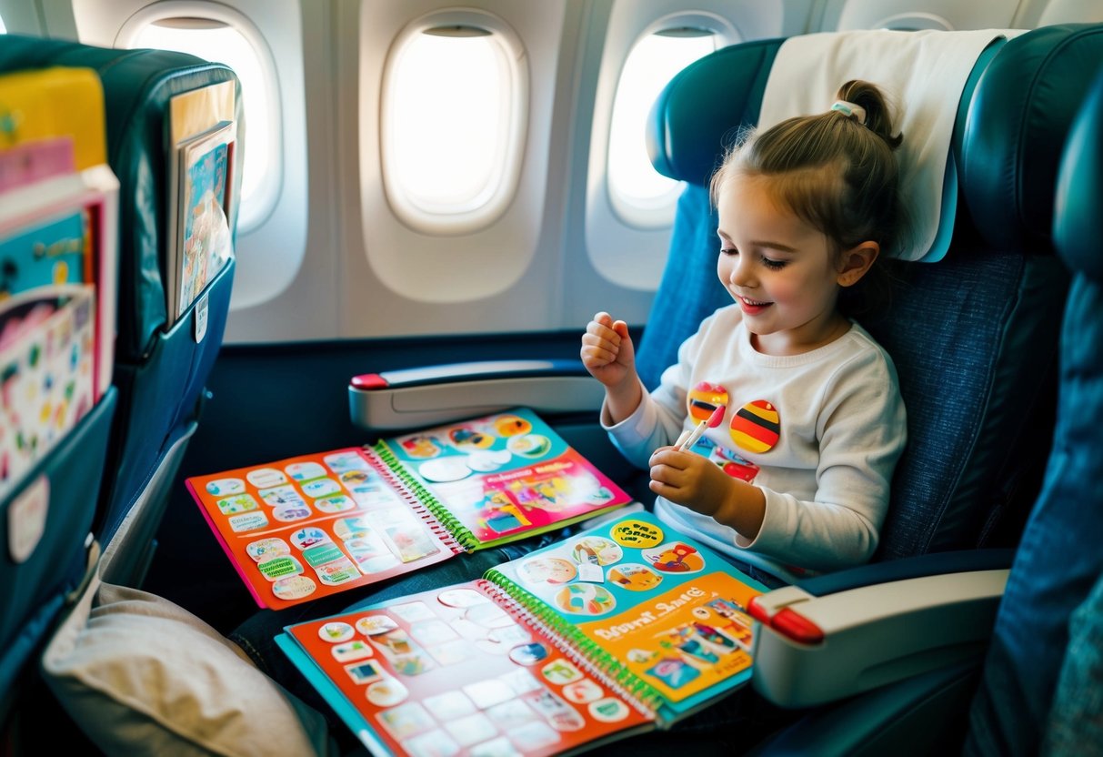 A child sitting in a cozy airplane seat, surrounded by sticker books and colorful stickers, happily creating scenes on the pages