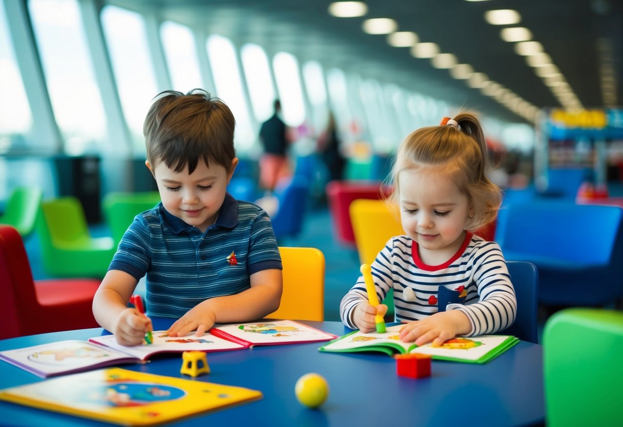 Children playing with coloring books and toys at a designated play area in the airport terminal during a layover