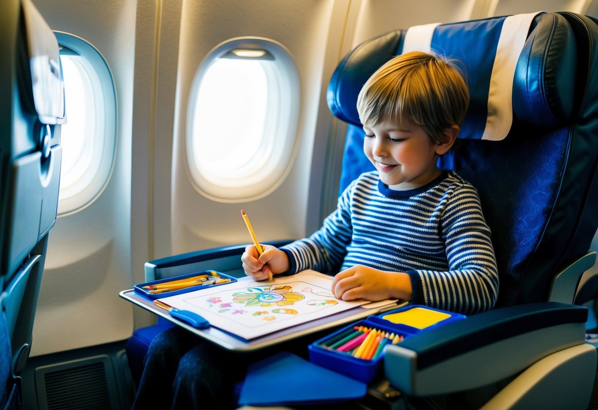 A child sitting in a cozy airplane seat, surrounded by coloring kits, crayons, and paper, happily creating artwork to pass the time during a travel delay