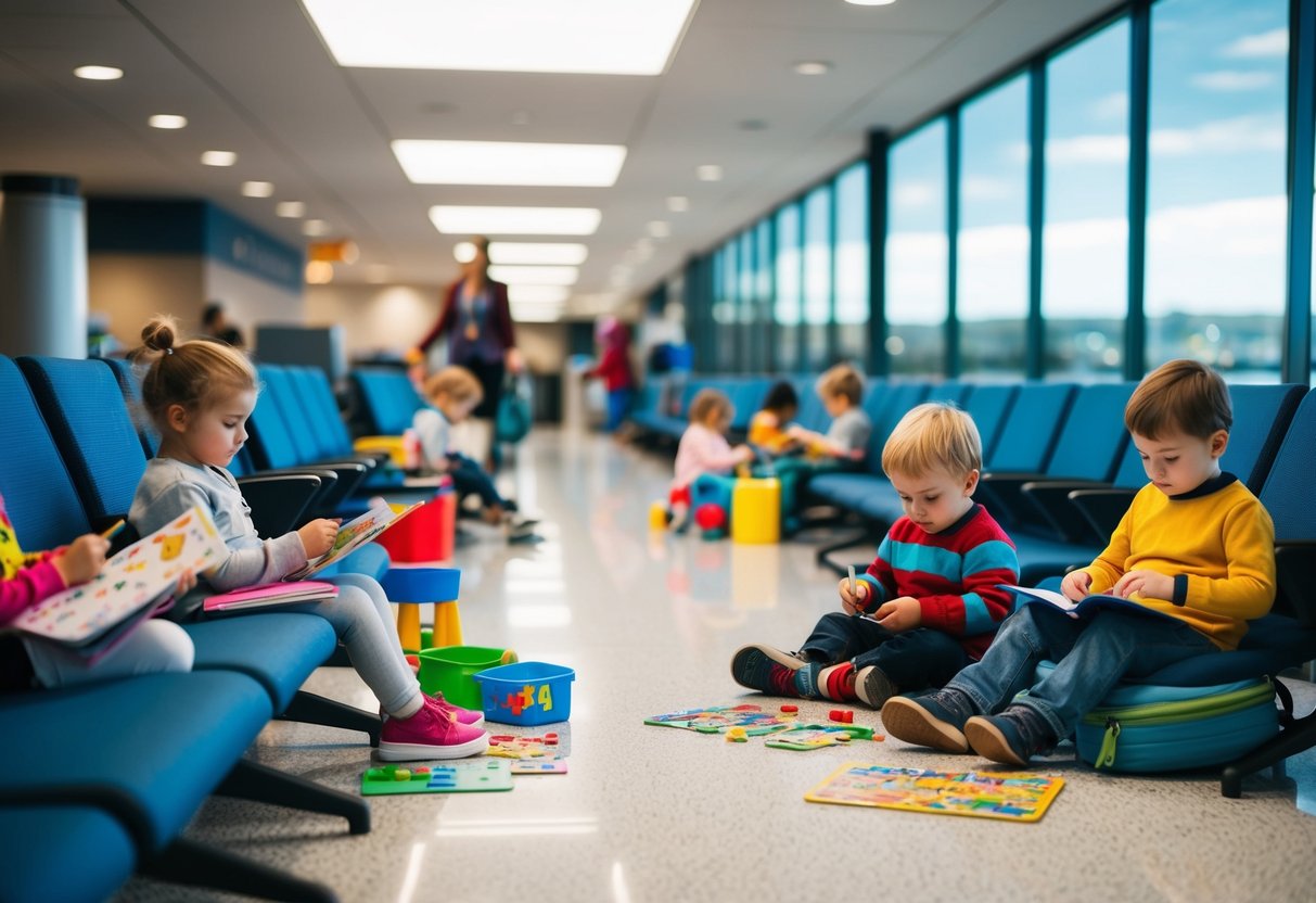 An airport waiting area with children engaged in various activities from coloring and puzzles to reading and playing with toys