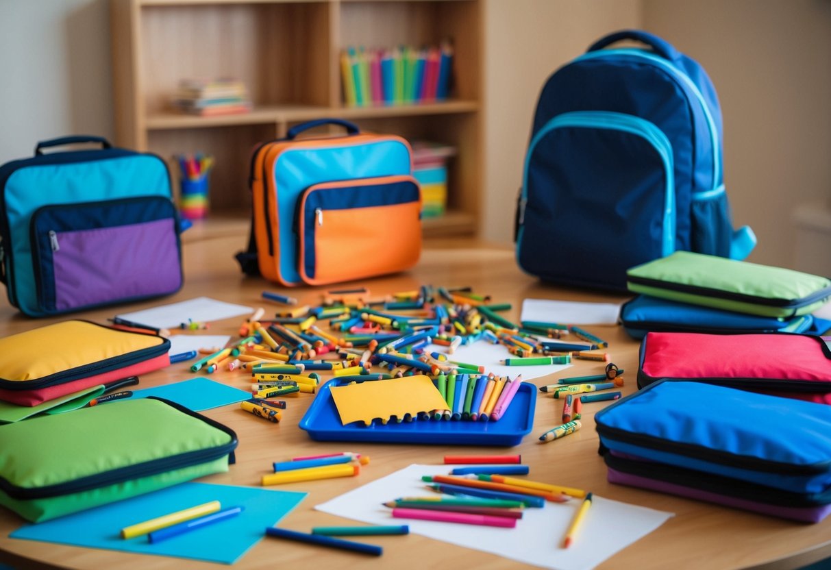 A colorful array of activity kits spread out on a table, surrounded by scattered crayons, markers, and paper. A child's backpack sits nearby, ready for the next adventure