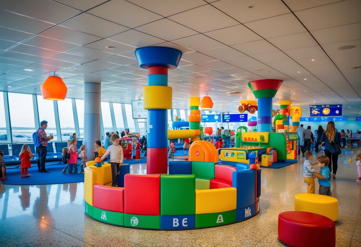 A colorful airport play area with various interactive games and activities, surrounded by families and children waiting for their flights