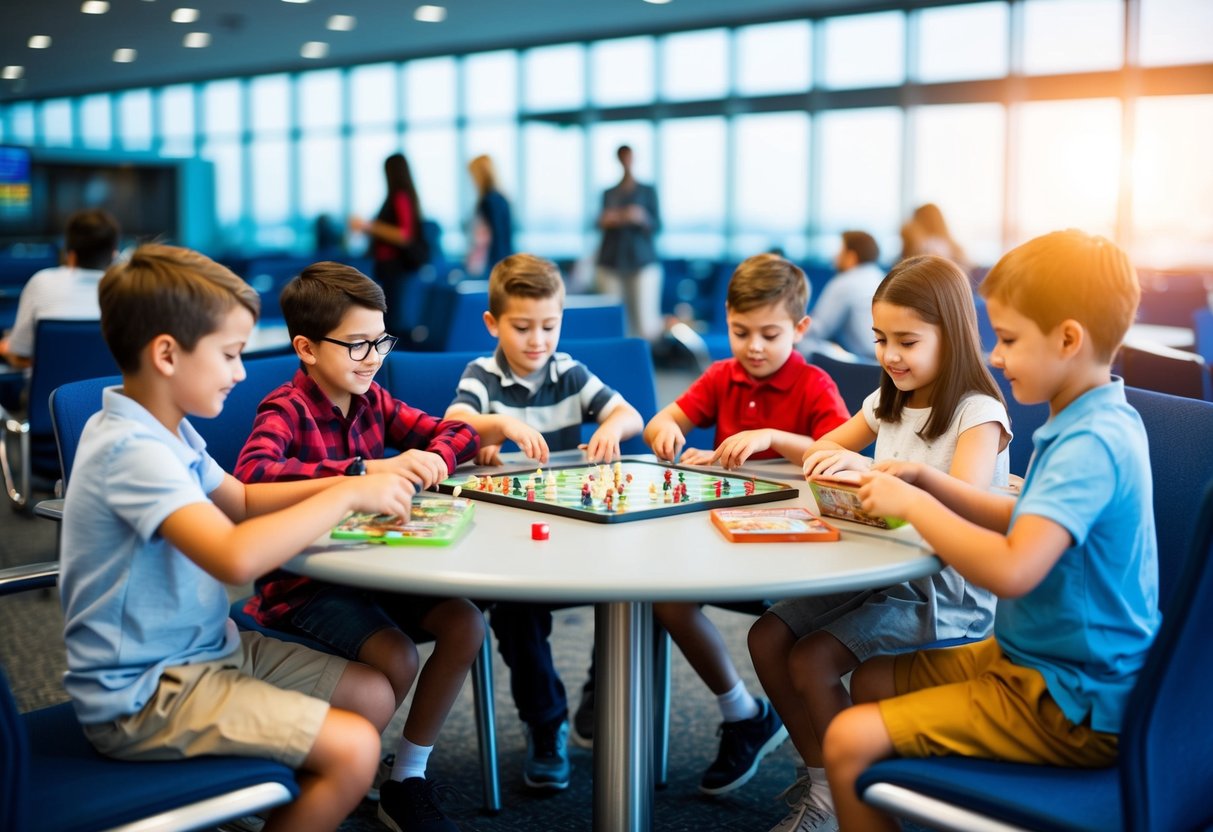 A group of children sitting around a table at an airport, playing various board games to pass the time during a layover