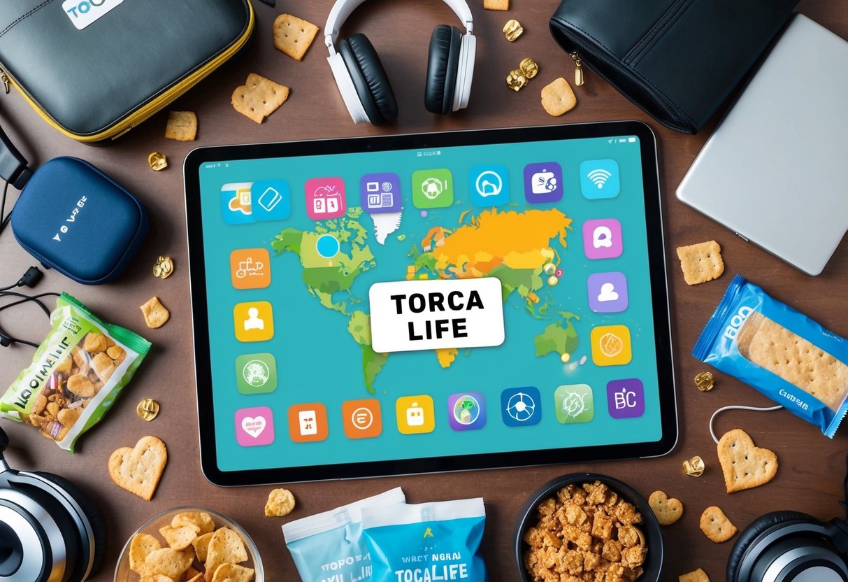 A colorful array of Toca Life: World app icons scattered across a tablet screen, surrounded by travel essentials like headphones and a snack