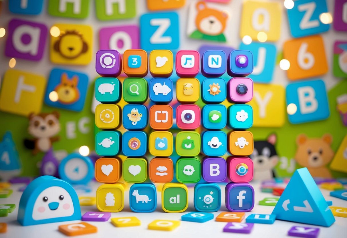 A colorful array of playful app icons arranged in a grid, surrounded by illustrations of animals, letters, and numbers, creating a fun and engaging scene for kids