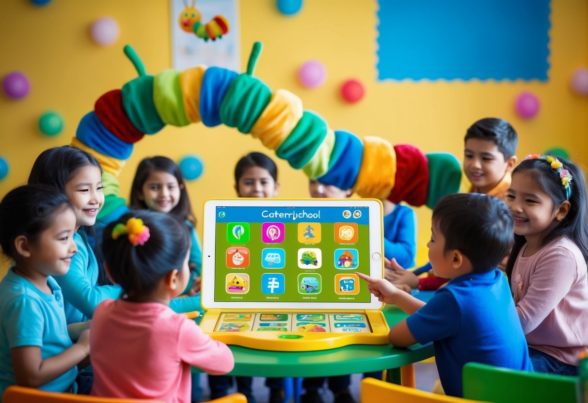 A colorful caterpillar-themed play school with 8 engaging apps displayed on a tablet, surrounded by happy and entertained children on a long journey