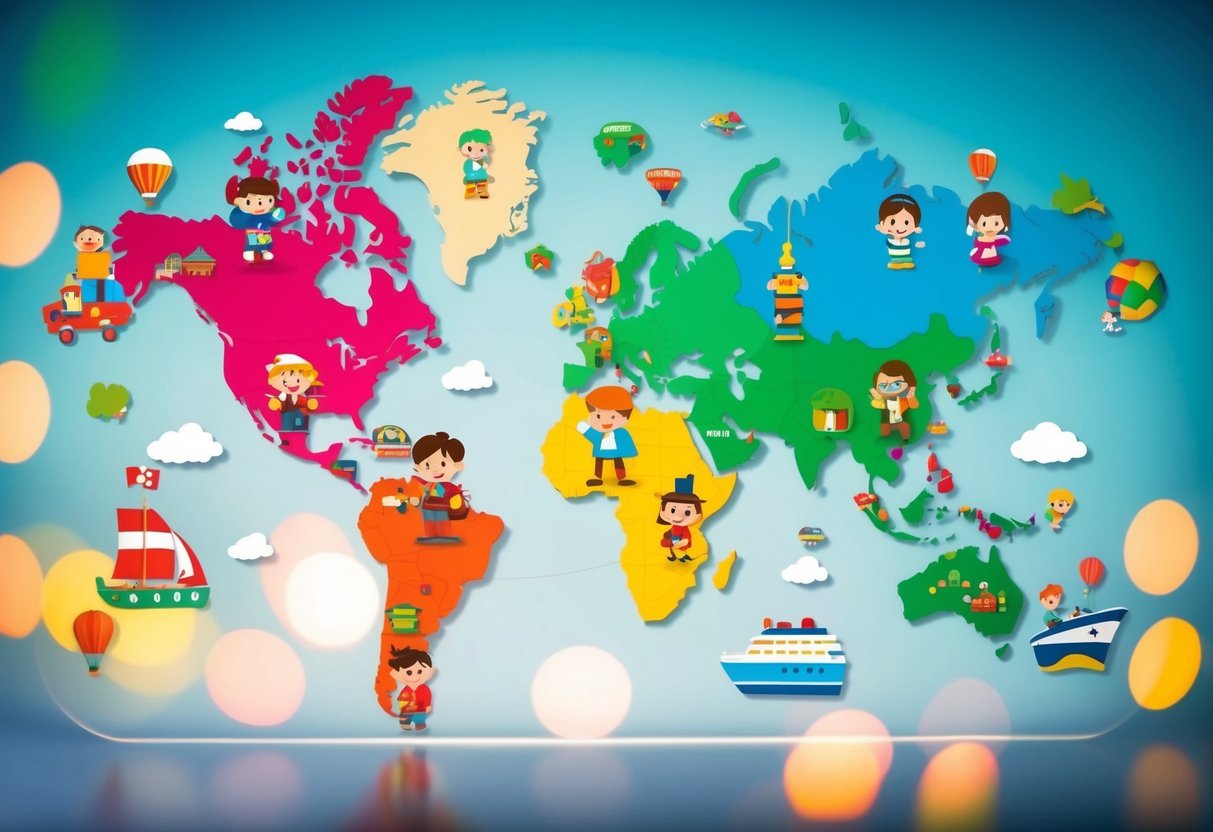 A colorful and vibrant world map with playful characters and interactive activities spread across different destinations