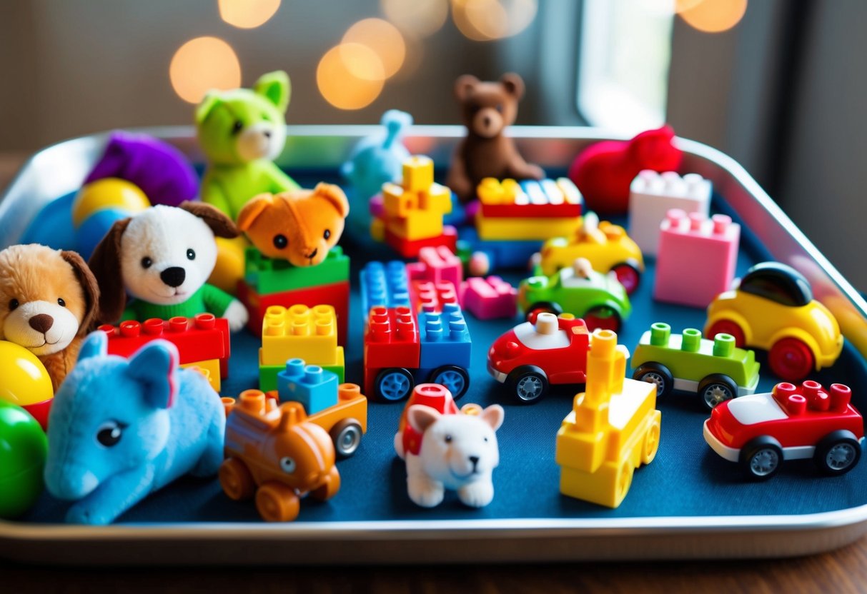 A colorful array of small toys spread out on a travel tray, including plush animals, building blocks, and miniature cars