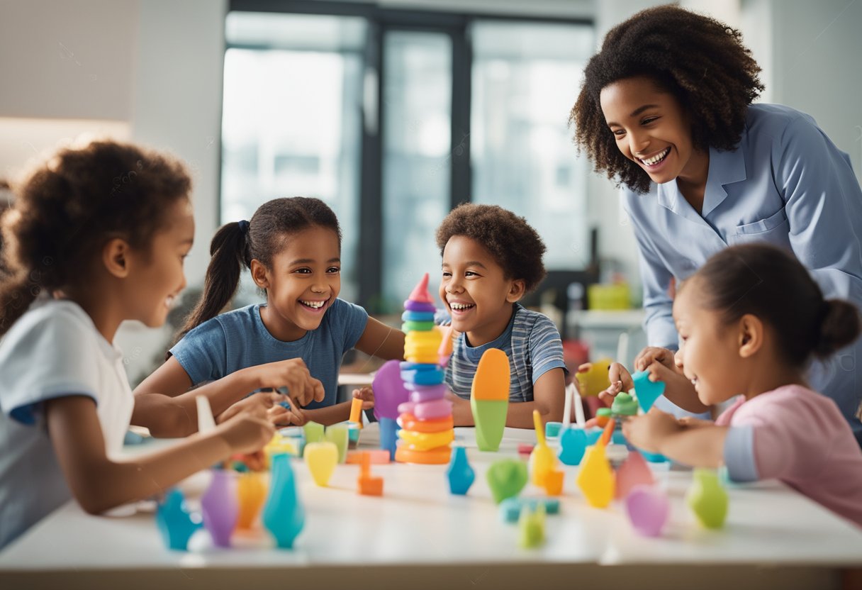 A group of children are gathered around a table, creating colorful tooth-themed crafts and engaging in dental health-related activities for Dental Health Month