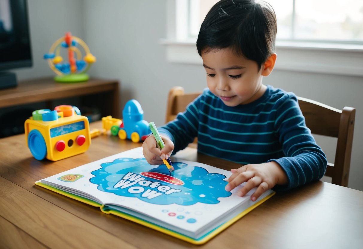 A child using a Melissa & Doug Water Wow coloring book, sitting at a table with a travel-friendly toy set nearby