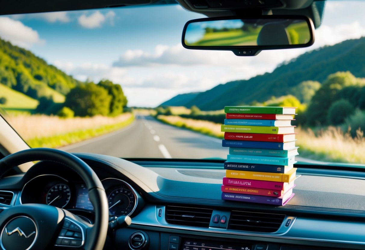 A family car driving through scenic countryside with a stack of colorful audiobooks on the dashboard