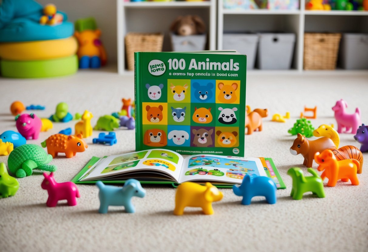 A colorful array of animal toys scattered around an open LeapFrog 100 Animals book on a playroom floor