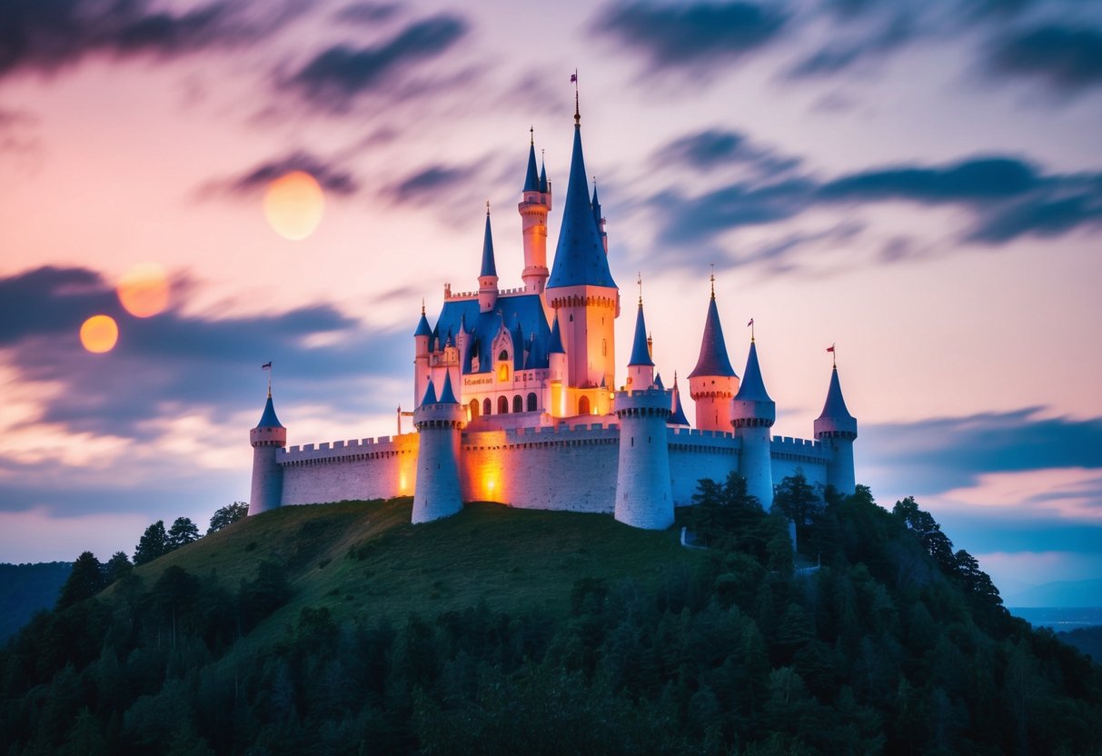 A magical castle on a hill with a glowing stone at its center