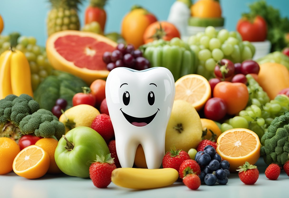 A smiling tooth surrounded by fruits, vegetables, and a tube of toothpaste