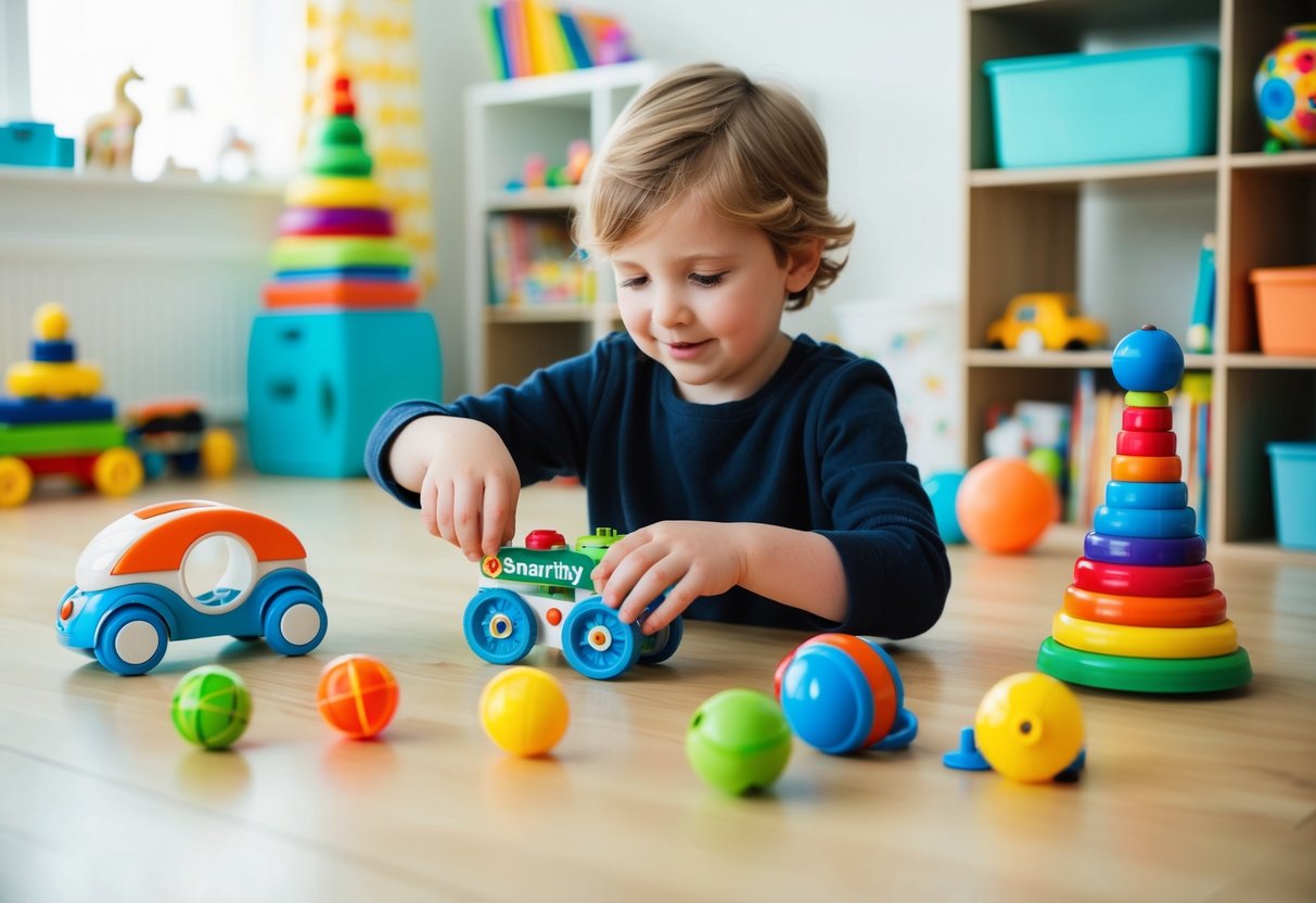 A child assembles a Smartivity Mechanical Hand toy, surrounded by other travel-friendly toys, in a bright and organized playroom