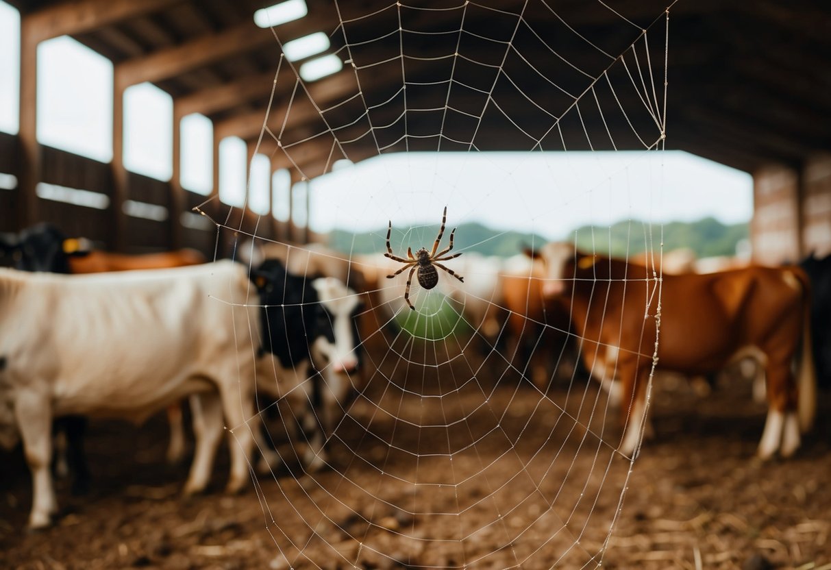 A spider weaves a delicate web in a barn, surrounded by farm animals