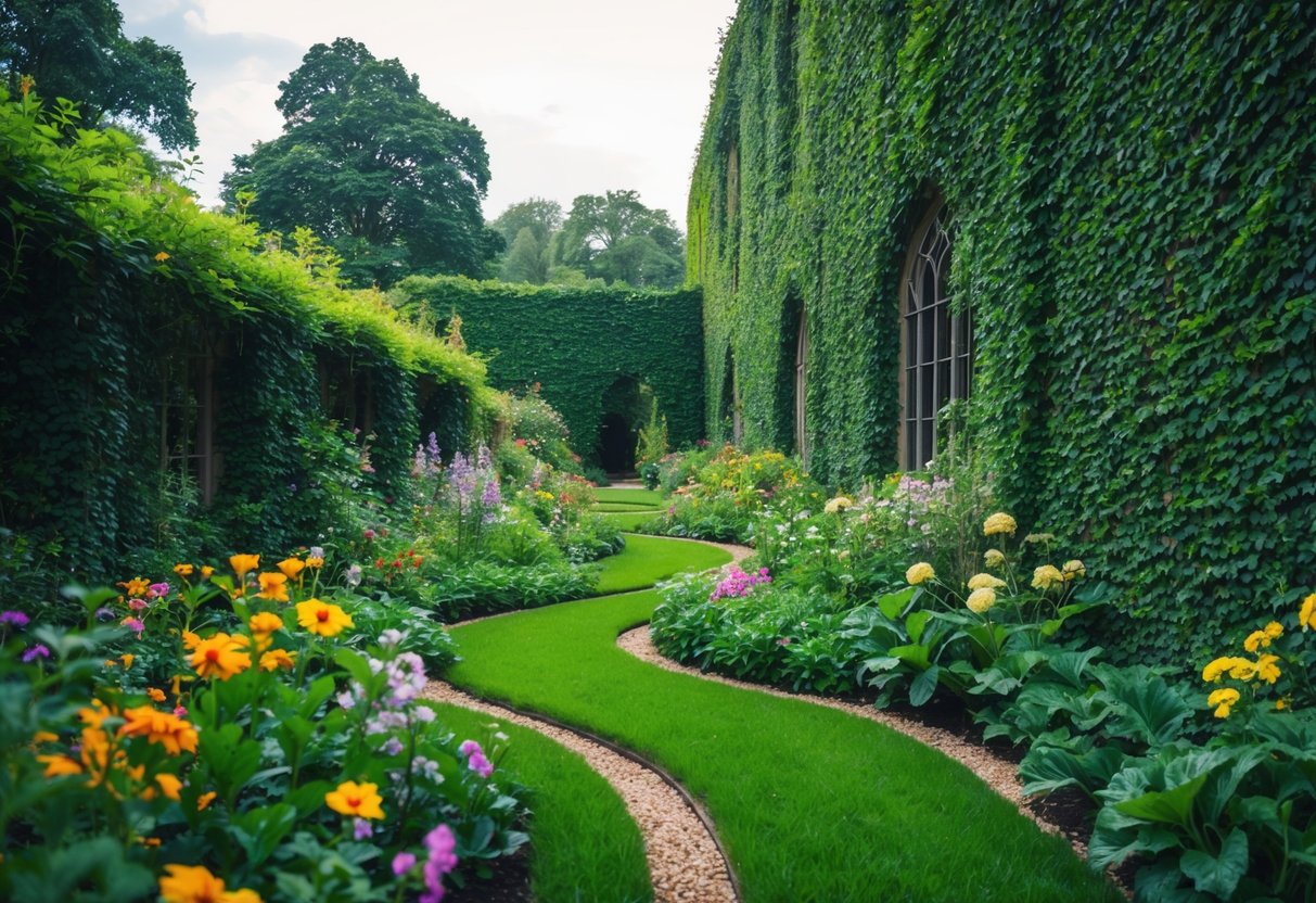 A lush, overgrown garden with colorful flowers and winding pathways, surrounded by a tall, ivy-covered wall. A sense of mystery and enchantment fills the air