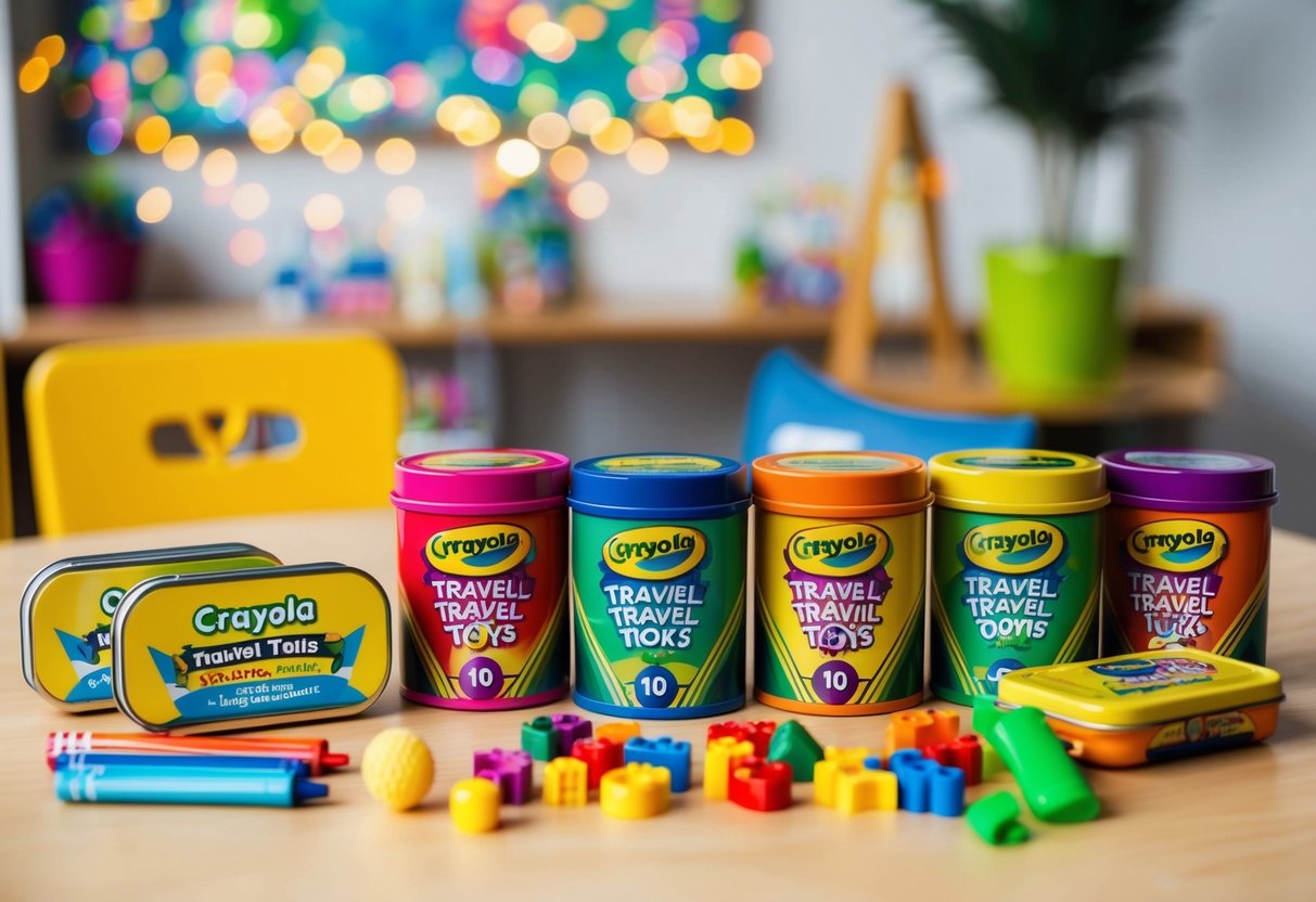 A colorful array of Crayola travel tins and various toys scattered on a table, ready for kids to enjoy on the go