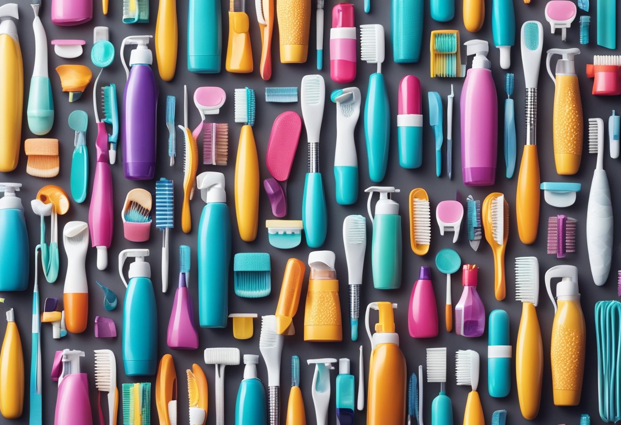 A bright, colorful illustration of various oral care tools such as toothbrushes, floss, and toothpaste arranged in a playful and inviting manner