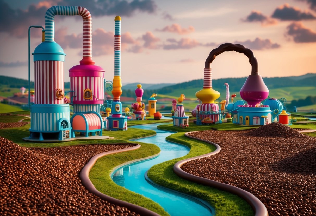 A whimsical factory with colorful candy machines and chocolate rivers flowing through a fantastical landscape